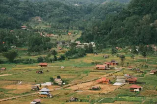 Ilustrasi: Pemandangan lembah persawahan dan permukiman di pedesaan tropis berlatar bukit hijau.