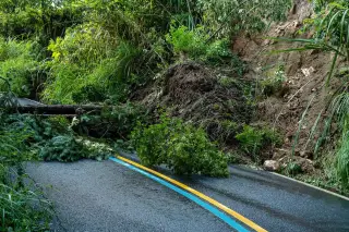 Ilustrasi: Jalan aspal tertutup reruntuhan tanah longsor dan dahan pohon tumbang dari tebing.