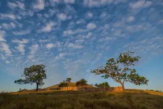 Ilustrasi: Pemandangan bukit berumput dengan pagar kayu, pepohonan, dan langit biru berawan.
