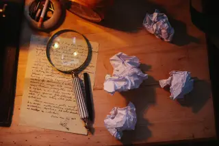 Ilustrasi: Kaca pembesar, surat tulisan tangan, dan remasan kertas di atas meja kayu berpenerangan temaram.